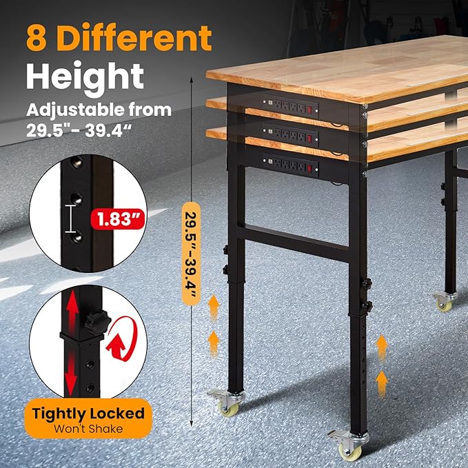 70" Heavy Duty Adjustable Workbench, 2000 LBS Capacity Sit Stand Workstation with Power Outlet, Pegboard & Wheels | Rubber Wood Top Garage Table with Stick-on Ruler