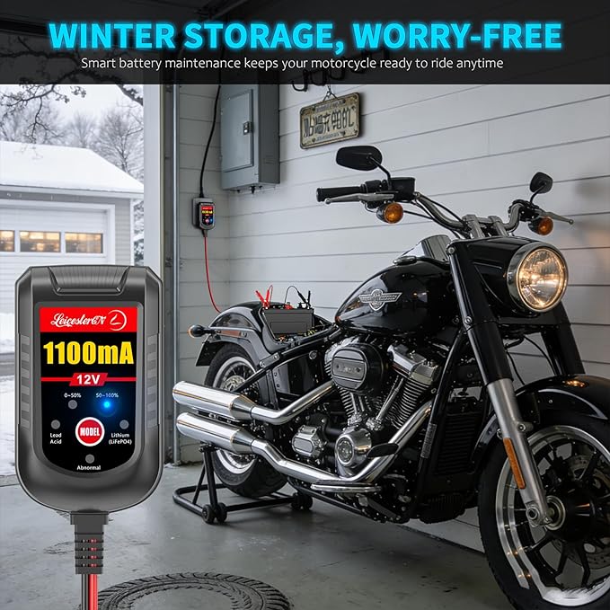 Motorcycle Battery Charger and Maintainer 12V, 1.1Amp Smart Trickle Charger - Automatic Float Charger for Cruiser Sport Bike ATV Scooter Dirt Bike Lawn Mower, LiFePO4 Lithium Lead Acid AGM Gel