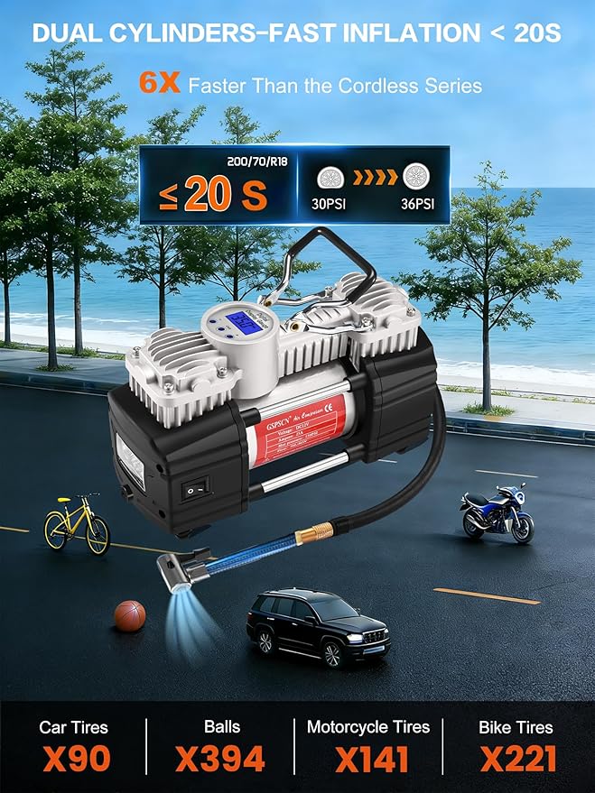 GSPSCN 6X Faster Inflation Portable 12V Air Compressor Pump Digital Display Tire Inflator with LED Flashlight, Heavy Duty Dual Cylinder Tire Pump 150 PSI for Auto,SUV,Off-Road,Truck,RV,Bike etc