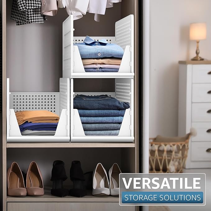 Sorbus Stackable Shelf Organizer Baskets – Plastic Closet Organizer for Clothes, Pantry, Bathroom, Kitchen & Garage – Open Front Storage Bins for Cabinets, Countertops & Under Shelf Organization
