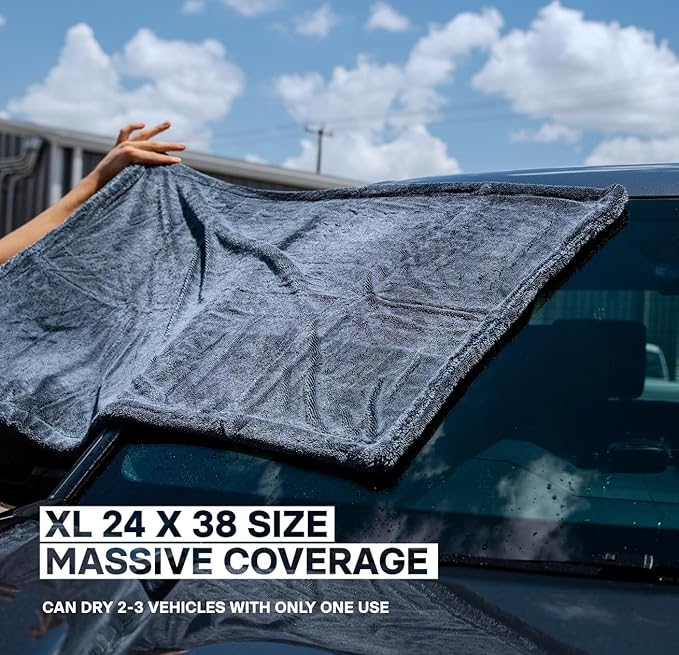 Juggernaut 1600 GSM Car Drying Towel, Holds 13 lbs, Extra Large 38x24 Microfiber Drying Towels Car Detailing, Twisted-Loop, Streak/Scratch-Free, 70/30 Blend (Gray)