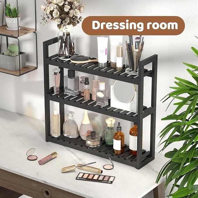 FILWH Bathroom Shelf Bamboo Organizer Rack Adjustable 3-Tier Storage Shelf Wall Mounted Storage Rack Over The Toilet Utility Shelves Living Room Kitchen Shelf(Black)