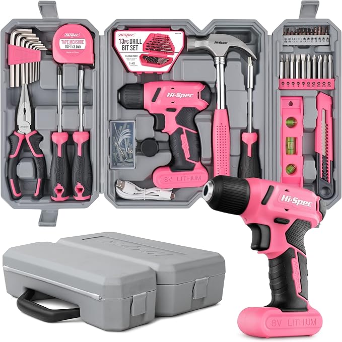 Hi-Spec 58pc Pink 8V USB Electric Power Cordless Drill Driver and Womens Ladies Home DIY Tool Kit Set. Screwdrivers, Drill Bit Set Accessories, Pliers and Hammer In a Toolbox Case