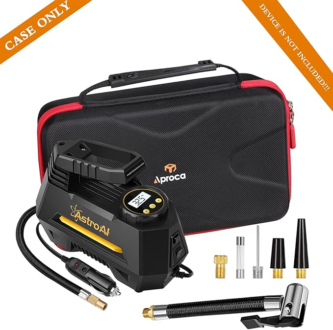 Aproca Tire Inflator Case Compatible with AstroAI Portable Air Compressor Tire Air Pump and Accessories-Black with Red zipper (Case Only)