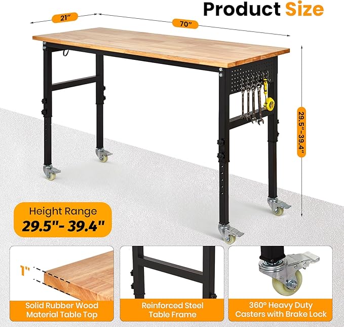 70" Heavy Duty Adjustable Workbench, 2000 LBS Capacity Sit Stand Workstation with Power Outlet, Pegboard & Wheels | Rubber Wood Top Garage Table with Stick-on Ruler