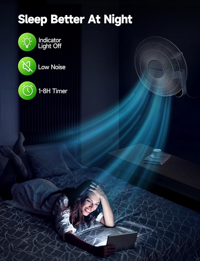 VAGKRI Wall Mount Fan, 16 Inch Quiet Oscillating Fan with Remote, 5 Blades, 5 Speeds, 3 Wind Modes, 8 Hour Timer for Home Office Bedroom Living Room Garage