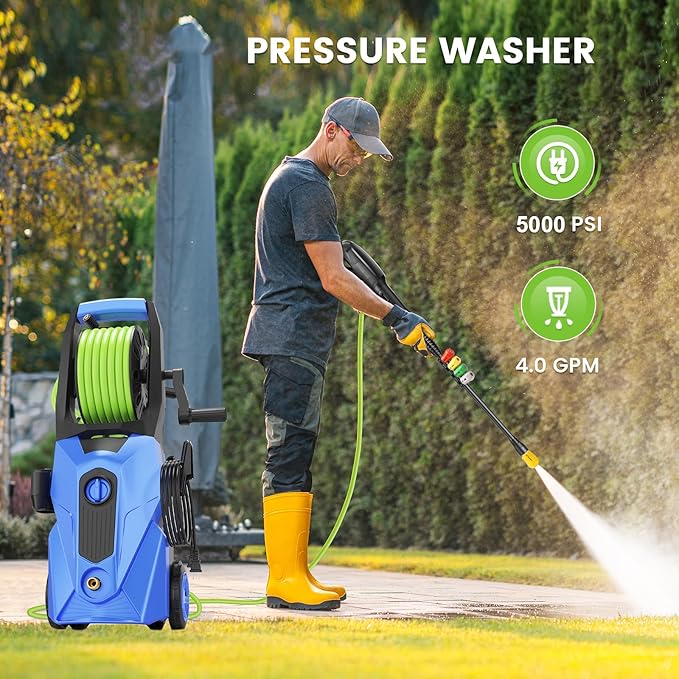 Pressure Washer 5000PSI Power Washers Powered with 33ft Pressure Hose, 4 Nozzle and Foam Cannon, powerwashers for Home, Cars, Fences, Patio, Upgraded Blue