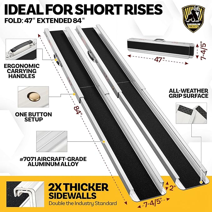 7FT Portable Wheelchair Ramp, Adjustable Aluminum ramps for wheelchairs for Home, 1200LB Capacity, 2X Thickened Sidewall, Wheelchair Ramp for Home, Stairs, Steps (2 Pack)