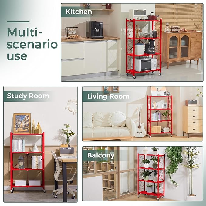DEANIC 4 Tier Foldable Storage Shelves with Wheels, Large Capacity Shelving Unit, Freestanding Metal Wire Shelf Rack, No Assembly Organizer Rack for Garage Kitchen, Basement(Red)