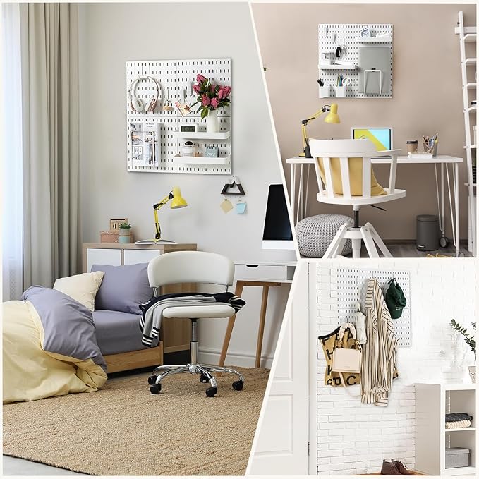 VUSIGN Pegboard Combination Wall Organizer Kit, 4 Pieces Pegboards and 17 Accessories Modular Hanging, Wall Mount Display Peg board Panel Kits for Bedroom, Home, Office, Bathroom, 22" x 22", White
