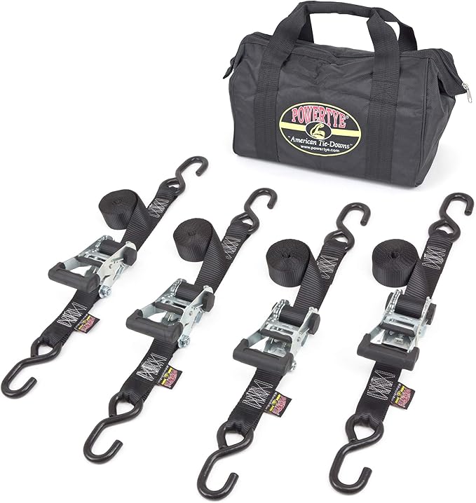 PowerTye Industrial Ratchet Tie-Down Kit - Made in USA - 1.5 inch x 8ft - Heavy Duty Ratchet Straps with S-Hooks, 4-Pack + Storage Bag, for Motorcycles, UTVs & Trailers, 1,000 W.L.L., Black (4-Pack)