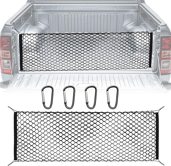 Truck Bed Cargo Net, 49" x 18" (Stretches to 59" x 18'') Envelope Style Organizer, Fits Ford F150, Chevy Silverado, RAM 1500, GMC Sierra, Heavy Duty Mesh with 4 Metal Carabiners for Groceries & Gear