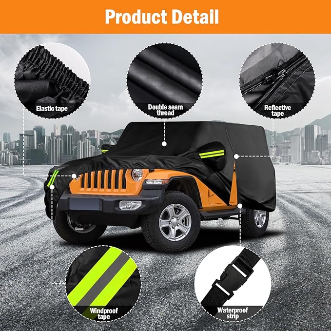 Waterproof Car Cover for Jeep Wrangler 2 Door 1987-2025 JK JL CJ YJ TJ Outdoor Sun Rain Snow Hail Protection with Driver Door Zipper