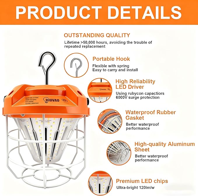 LED Temporary Work Light 100W, 15000Lm, 5000K Daylight White, Portable, Connectable LED Worksite Light with Hook, IP65 Dustproof and Waterproof, Suitable for Wet Locations and Construction Sites