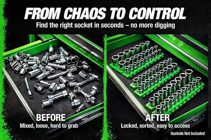OEMTOOLS 22461 6 Pack Set Metric and SAE Magnetic Socket Tray Set, Green and Blue Socket Organizers, 1/4, 3/8, 1/2 Inch Drive Socket Organizer Tray Set