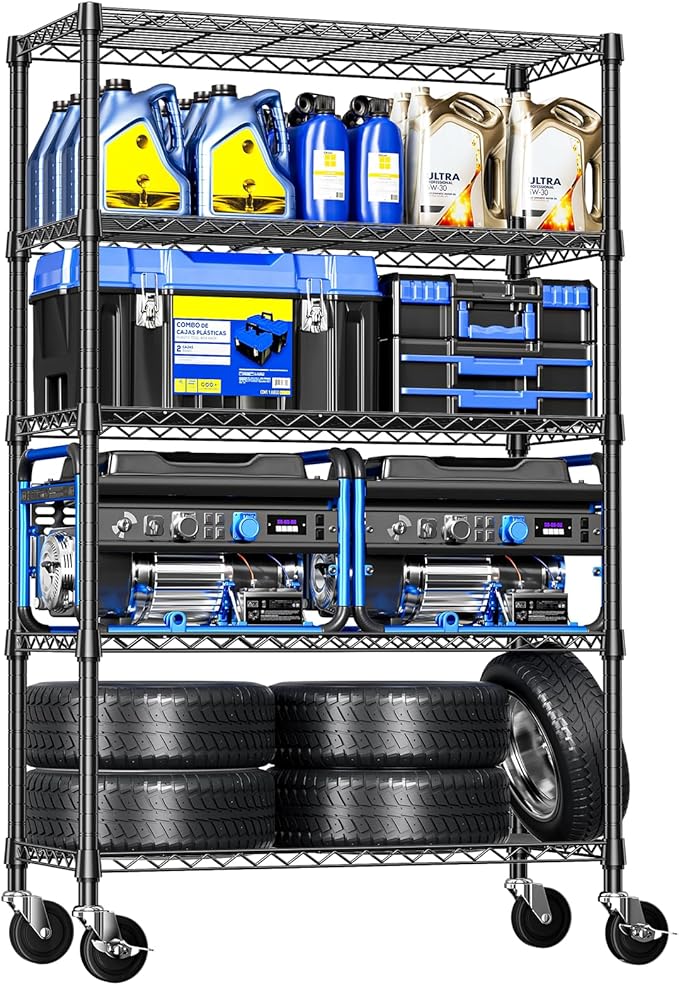 IZEUK 5-Tier Storage Shelving Unit with Wheels, Adjustable Heavy Duty Steel Wire Rack Organizer (Black, 17.7" D x 47.2" W x 76.7" H, 1750 lbs Capacity) for Garage, Kitchen, Office, Laundry, Basement