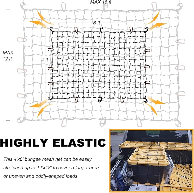 GSPSCN Cargo Net 6' x 4' for Truck Pickup Bed, Trailer,Boat,RV SUV Stretches to 12'x18' Max Roof Rack Net,Small 4”x4” Mesh Heavy Duty Bungee Cord Netting Compatible with Dodge Ram,Chevy Ford,Toyota