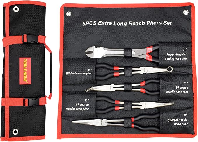 TOOLEAGUE 5Pcs Extra Long Needle Nose Pliers Set, 11" Long Reach Straight,45/90 Degree Bent Nose,Diagonal Pliers and O-shape Tip Craft Repairing Tool