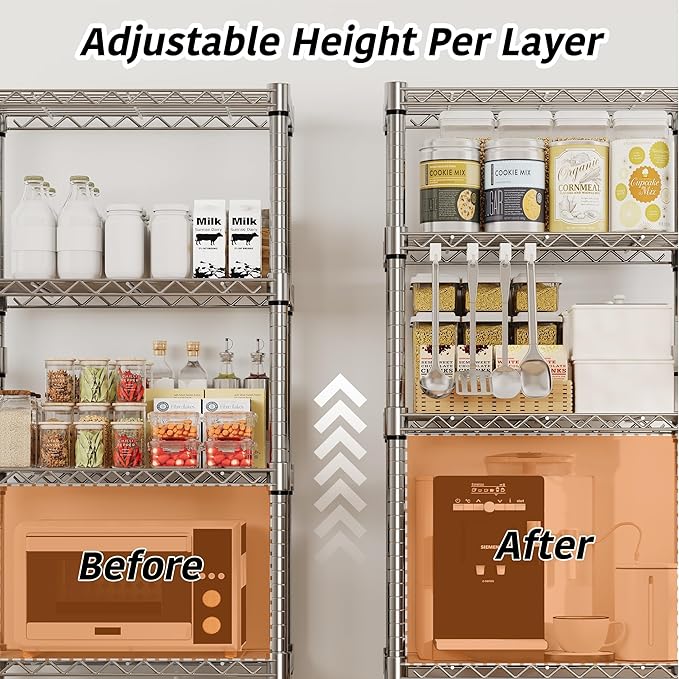 Metal Storage Shelves 5 Tier with Wheels, 1100 LBS Adjustable Wire Shelving Rack Shelves Units with Side Handle for Hanging, Rolling Shelf Organizer for Kitchen Garage, 11.8" W x 23.6" D x 61"H,Silver