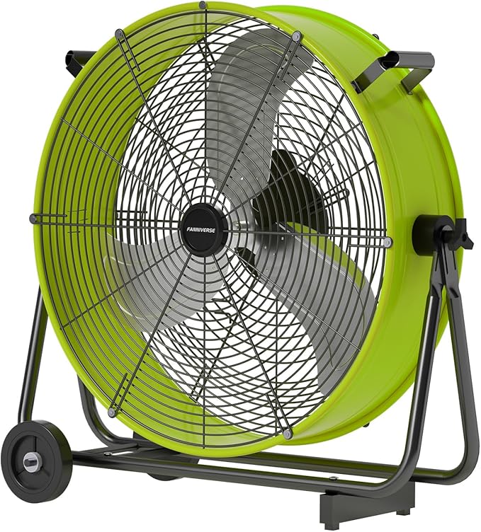 24 Inch Industrial Drum Fan 8800 CFM High Velocity Floor Fan for Garage, Warehouse & Workshop - 3-Speed Heavy Duty Metal Fan with 360° Tilt, Wheels & UL Safety Listed