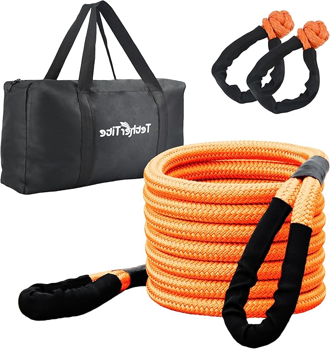 Kinetic Recovery Tow Rope (36000lbs) with 2 UHMWPE Soft Shackles (40000lbs), Heavy-Duty Offroad Snatch Strap, Vehicle Recovery kit for Jeep car Truck ATV UTV SUV (Orange, 7/8“x20')