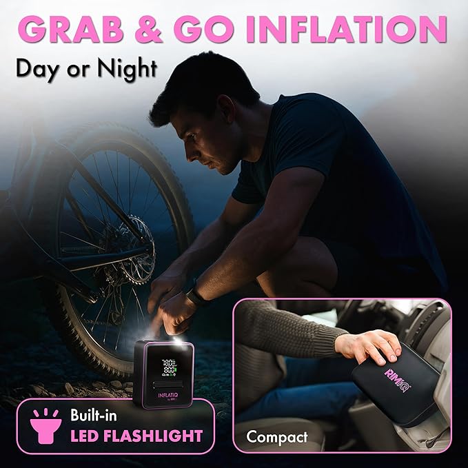 INFLATiQ by RIMiQ Tire Inflator Pink - Powerful, Award-Winning QWIKFLOW Technology with 2 Portable Power Options Included - Strong Vehicle Air Pump for Trucks, Cars, Motorcycles, Bicycles, Balls