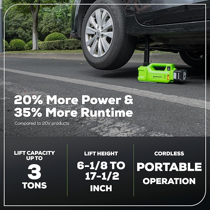 Greenworks 24V Cordless Car Jack Kit, 3 Ton Max Loading For Vehicle Weigh Hydraulic Jack with 2Ah Battery and Charger