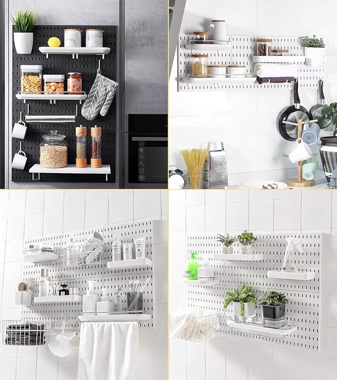 Pegboard Combination Kit with Shelf and Hooks No Punching for Garage Kitchen Living Room Bathroom Office,Pegboard Wall Organizer (White, 33" x 22")