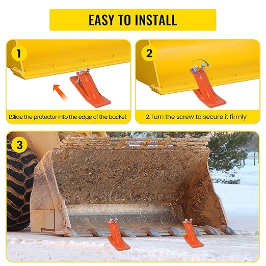 2Pcs Tractor Bucket Protector, Skid Edge Guard - Double Lock Nuts & Bolts, 4.5" Width Orange Steel Plate, Universal Fit for 60" to 72" Loaders, for Snow Removal, Gravel, Leaves Spreading