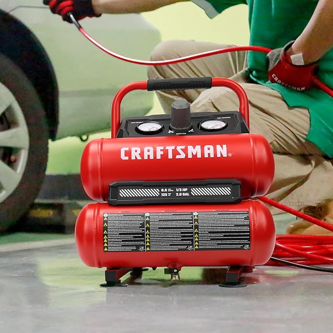 Craftsman 2-Gallon Air Compressor, 1/3 HP Oil-Free Twin Tank, 125 PSI Max – Portable & Quiet Air Tool for Home DIY, Tire Inflation, Nailing & Spray Painting, Compact for Easy Storage
