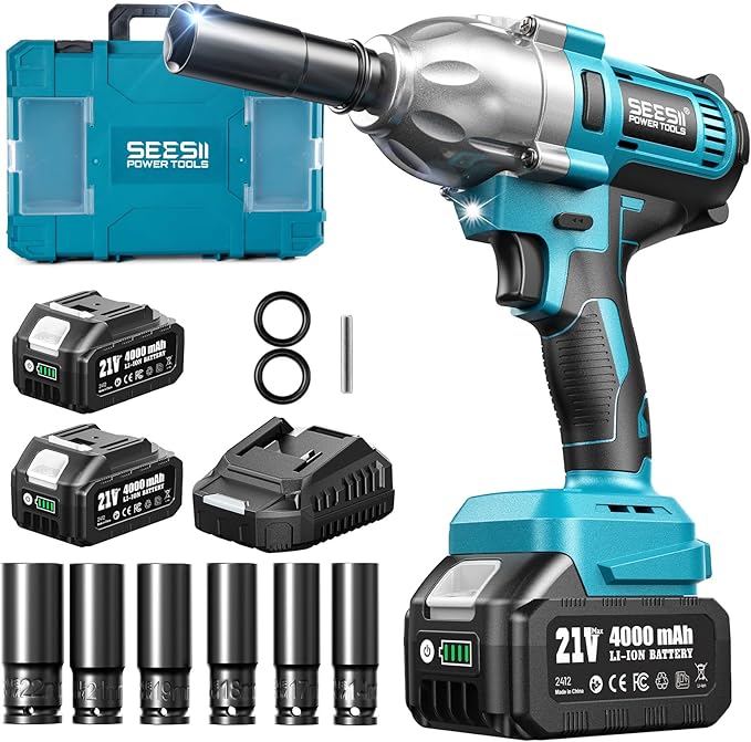 Seesii Impact Wrench 665 FT-LBS(900N.m) 3300IPM 1/2 Impact Gun High Torque Electric Impact Driver Cordless Impact Wrench with 21V 2x4.0Ah Battery 6 Sockets&Case for Home Car Tire Lug Nut Removal Tool