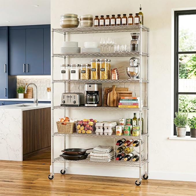 BestOffice | 6-Tier Wire Shelf with Wheels | 45"x18"x82" | Chrome | Adjustable Racks | Heavy-Duty Storage Shelves, Holds Upto 510 lbs | Rust-Resistant, No-Tool Assembly | for Home, Garage Shelving