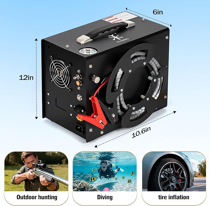TUXING PCP Air Compressor,4500Psi 30Mpa High Pressure Air Pump, Built-in DC12V/AC120V Power Converter,Auto-Stop,Oil&Water-Free,Paintball and Scuba Tank Compressor Pump(TXES062)