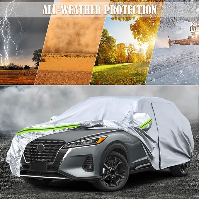 Waterproof Car Covers Replace for 2016-2025 Nissan Kicks, 6 Layers Silver All Weather Custom-fit Car Cover with Zipper Door & Windproof Bands for Snow Rain Dust Hail Protection