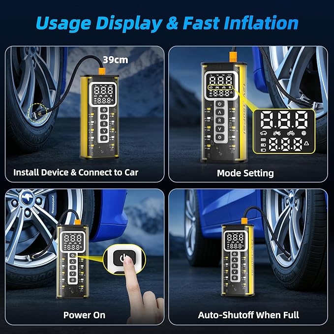 Tire Inflator, 150 PSI, 9000mAh Battery Air Compressor, Car Tire Pump, Air Pump for Car Tires, Bike Inflator, Car Accessories for Cars, Motorcycles & Bicycles
