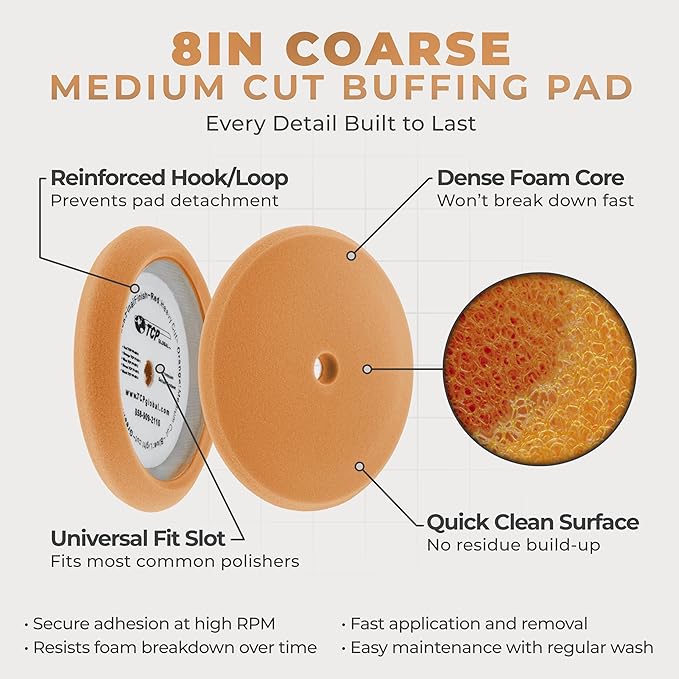 TCP Global 8" Orange Foam Buffing Pad Extra Coarse Cutting Polish Hook and Loop Backing - Buffing Pad for Automotive, Marine, Truck, RV & Compound Cutting