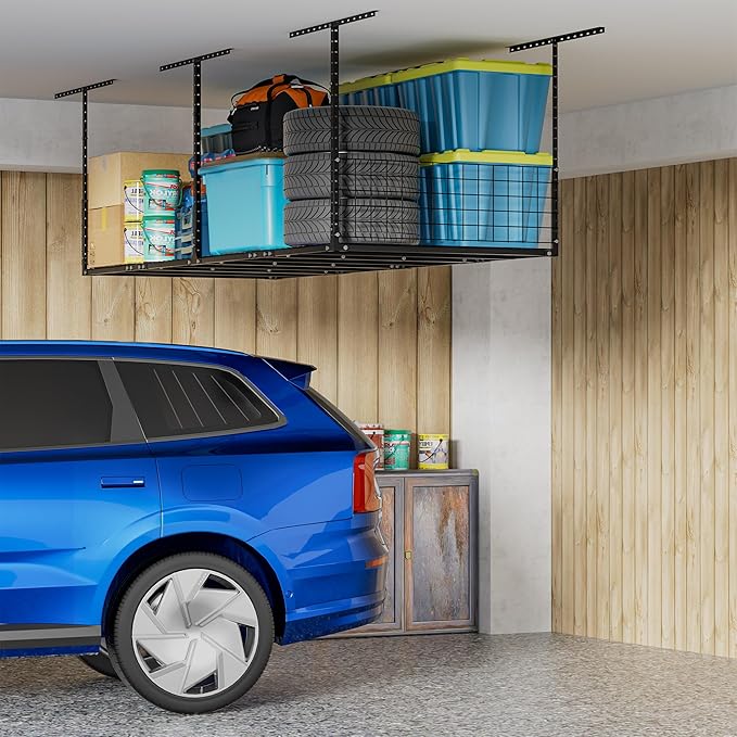 Soywey 3 x 8FT Overhead Garage Storage Rack,Adjustable Ceiling Storage Racks,Garage Shelving Heavy Duty Storage Organizer System With Sidebar,Load 600LBS Weight
