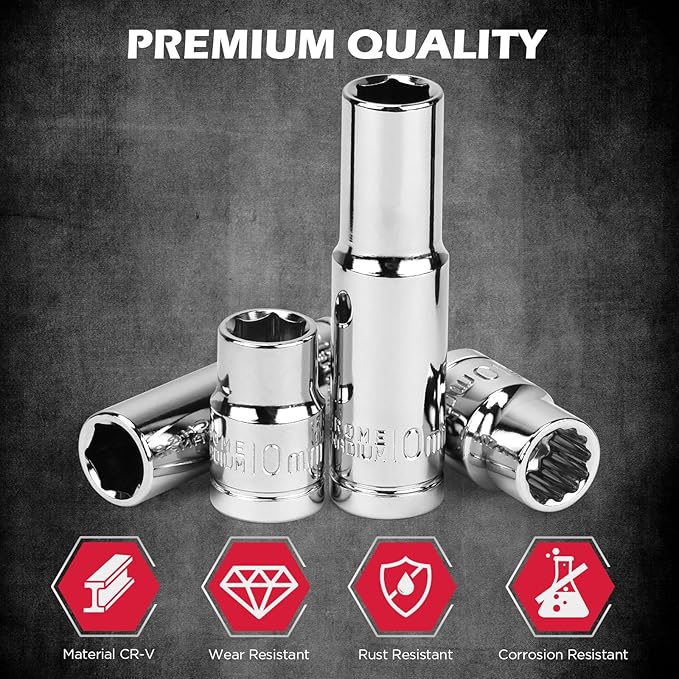 12-Piece 1/4" & 3/8" Drive 10mm Socket Set with 3-inch 3/8 & 1/4 Extension Bars | Deep & Shallow Mirror Finish Socket Set | Magnetic Storage Rail | Cr-V | 6 Point & 12 Point (13 Pack)