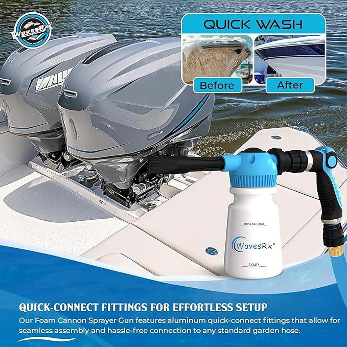 WAVESRX PWC & Boat Wash Sprayer & Engine Flush Mixer to Wash Salt Away | Dual-Use Marine Soap Foamer to Quickly Wash and Rinse | Cleaning Kit for Boating with Garden Hose Quick-Connect