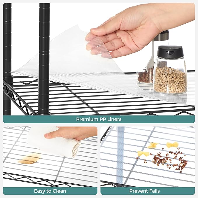 SONGMICS 5-Tier Storage Shelves, Wire Shelving Unit, Kitchen Metal Shelves, Storage Rack with Adjustable Shelves, Shelf Liners, 8 Hooks, for Garage, 11.8 x 35.4 x 63 Inches, Black ULGR095B01