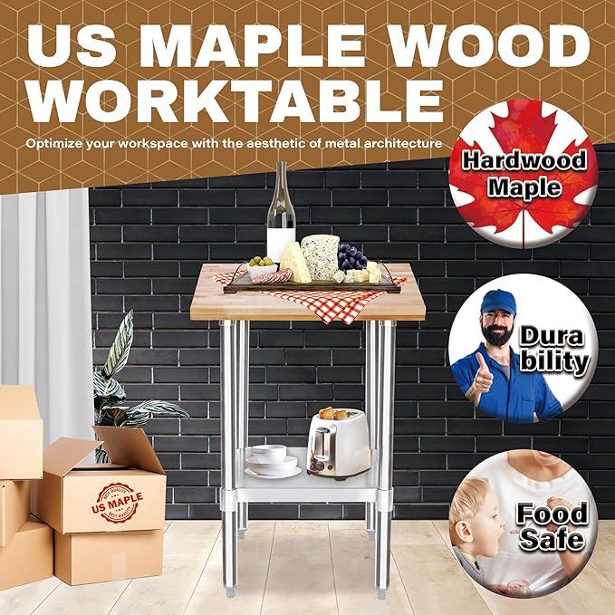 US Maple Top Work Table - 24 x 24 x 35 Inch Commercial Butcher Block Wooden Workbench with Adjustable Lower Shelf - Fits Restaurant, Warehouse, Home, Kitchen, Garage by DuraSteel