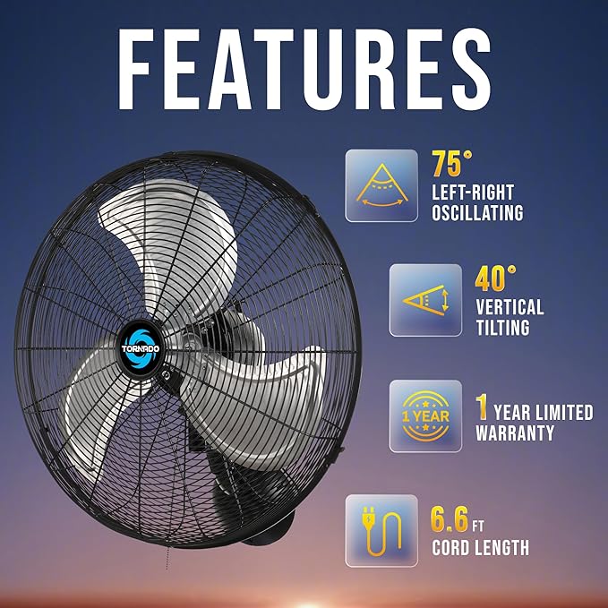 Tornado 20" Pro Series High Velocity Oscillating Wall Mount Fan – Heavy-Duty Metal Fan for Industrial, Commercial & Residential Use – 3 Speeds, 5250 CFM, UL Safety Listed