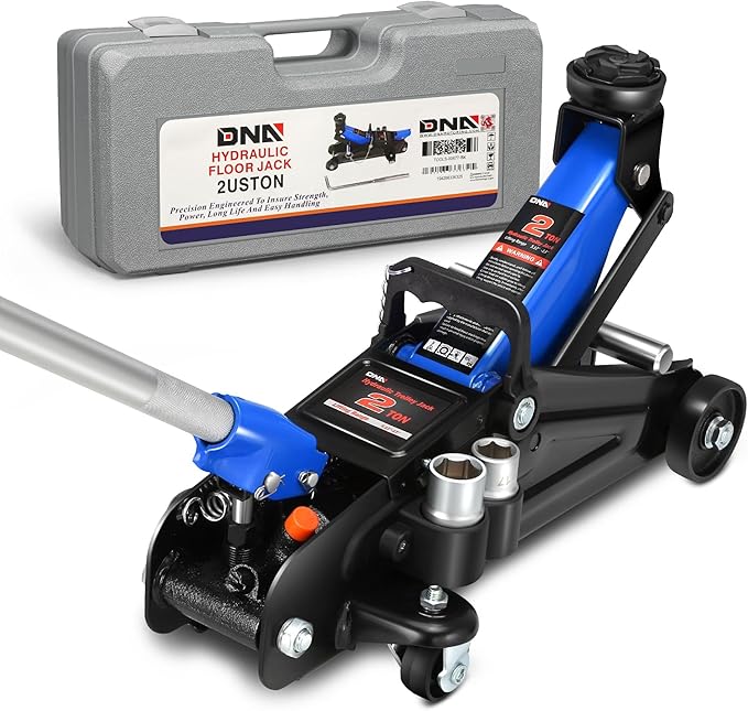 DNA Motoring Floor Jack with Socket and Lock, Low Profile Hydraulic Trolley Jack for Cars Lift, 2 Ton (4000 lbs) Capacity, Lifting Range 5.12"-13", Blue, TOOLS-00677-BL