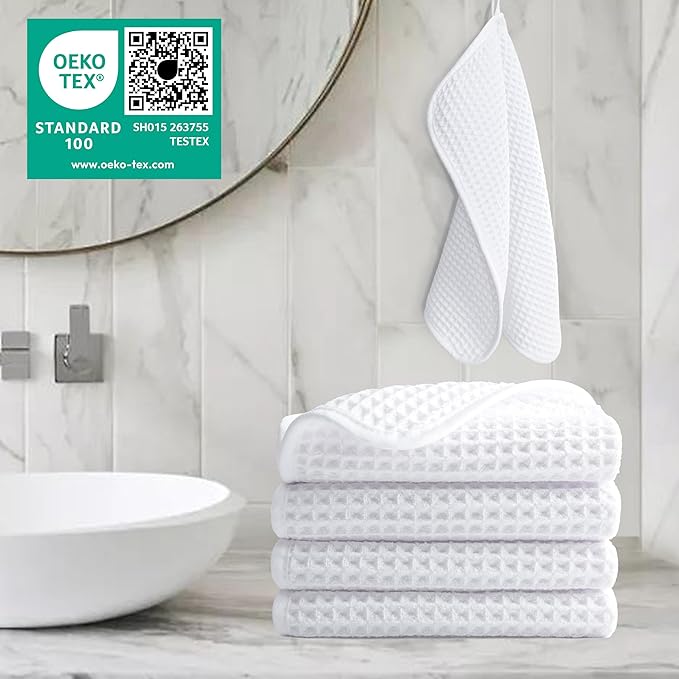 POLYTE 430 GSM Microfiber Lint Free Washcloth Face Towel, 13 x 13 in, 4 Pack (Waffle Weave)