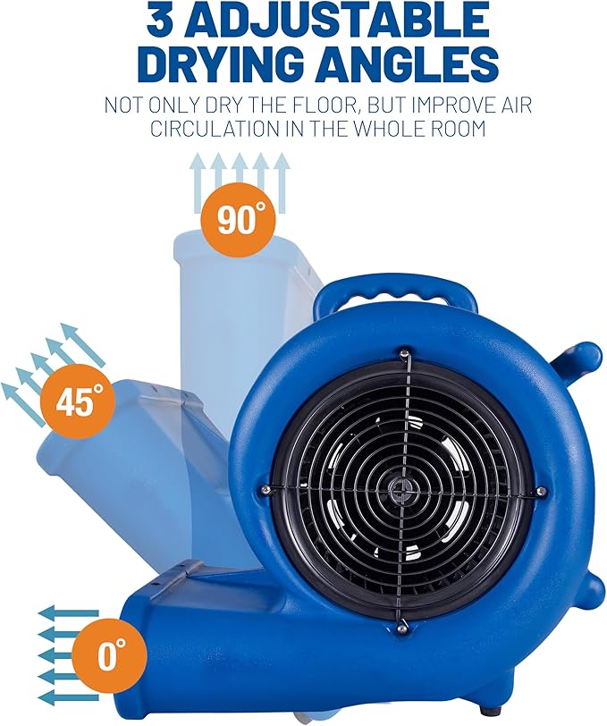 BlueDri Max Storm 35 1/3 HP 2900 CFM Air Mover Blower Floor Fan for Industrial Water Damage Flood Restoration Carpet and Floor Drying Blower Fan, Blue, BD-MS35
