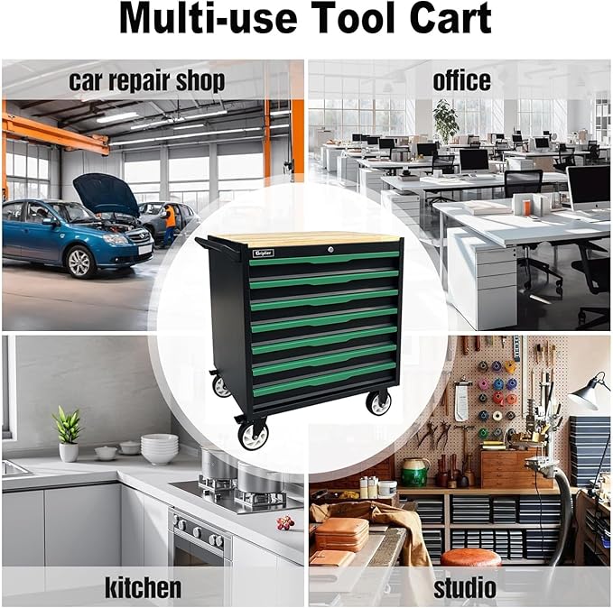 7-Drawer Tool Chest with Wood Top, 31.3W x 18.9D x 32.3H inches, Black and Green，Locking Rolling Tool Box with Wheels,Mechanic Tool Cabinets for Garage, Warehouse,Repair Shop,Workshop