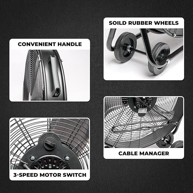 XtremepowerUS 24" Industrial Shop Fan High-Velocity Flow Drum Fan Floor Fan Rolling Drum Garage Tilt 3 Adjustable Speed Commercial, Gym, Garage Use, Black