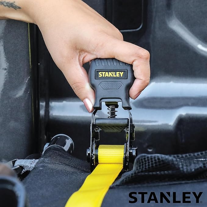 STANLEY S10002-12 Black/Yellow 1" X 12' Ratchet Straps - 500 LBS Safe Working Load / 1,500 LBS Break Strength, 2 Pack