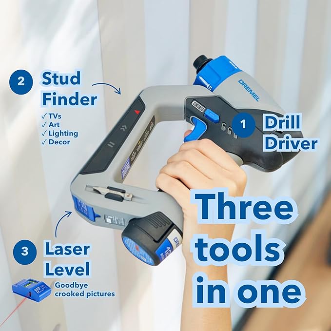 Dremel Blueprint 3in1 Drill Driver with Integrated Stud Finder and Detachable Laser Level, Cordless Drill Set Includes 2.0 Ah Battery, Fast Charger, and 12 Bits (DD12V-S1)
