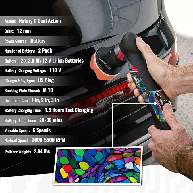 BATOCA S5 Cordless Mini Car Polisher Buffer Sander Dual Action Rotary Small Polishing Machine for Car Detailing 1inch 2inch 3inch Polishing Pad Kit with 2x 12V Battery 2000-5500RPM New Exterior Design